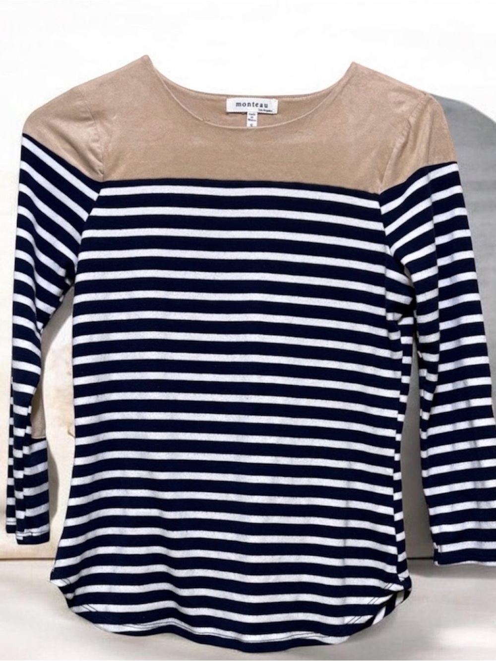 Monteau Los Angeles S Striped Elbow Patch Top Navy White Tan Raglan